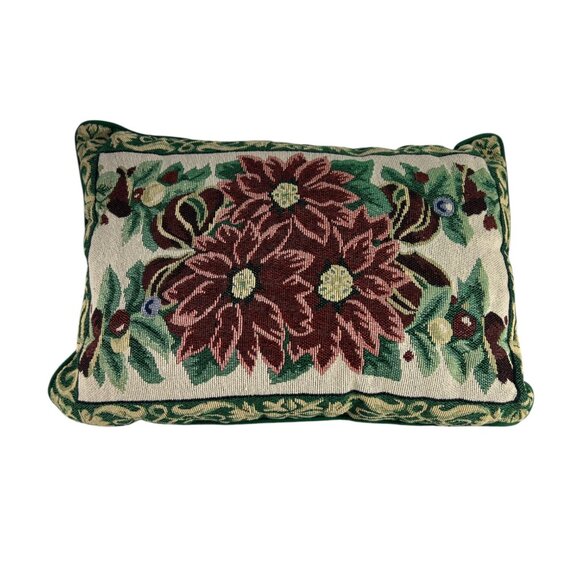 Christmas Poinsettia Tapestry Style Throw Pillow Flower Holiday Red Green - Picture 1 of 8